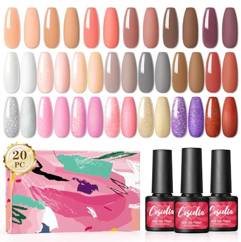 COSCELIA Smalto Semipermanente Unghie Set, 20 Colori Kit Semipermanente Unghie Nail Polish Gel Autunno e Inverno Manicure Art Nude Rosa Bianco Rosa Marrone per Manicure DIY