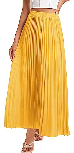 Yanhalo Damen-Faltenrock, hohe Taille, elastisch, Stretch, lang, knöchellang, schwingend, A-Linie, Strand, Maxirock