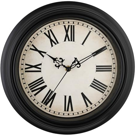 Plumeet Extra Large Retro Wall Clock, 16'' Non Ticking Classic Silent Vintage Wall Clocks Decorative Kitchen Living Room Bedroom, Roman Numerals, Battery Operated, Black
