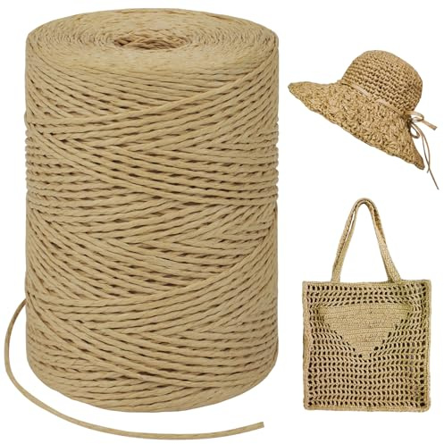 LEREATI Rafia Naturel Bobine 1.5mm x 300m Raphia à Crocheter Rafia Crochet, Fil de Raphia à Crocheter, Fil Crochet pour Sac, Chapeau, Paniers, Emballage Cadeau, Bricolage Décoration (Café Clair)