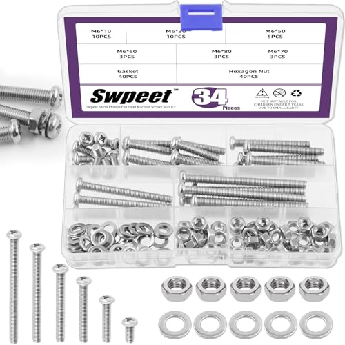 Swpeet 34Pcs M6×10/30/50/60/70/80mm 304 Edelstahl Vollgewinde Phillips Pan Head Maschinenschrauben mit metrischen Schrauben Flachwaschmutter Assortiment Kit, perfekt für Kabinett Schublade Knop