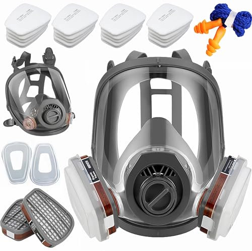 goambuy Full Face Cover, Reusable Safety Face Cover Set for Painting, Vapors with Filter Cotton,Dust, Machine Polishing, Full set + 20 Filter cotton + earplug