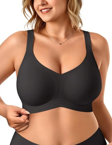 Vertvie Sömlös bh för kvinnor utan bygel, push-up, V-ringning, mjuk, bygellös, stora storlekar, vadderad bralette, komfort, t-shirt, halsduk-BH med förlängning, svart, M