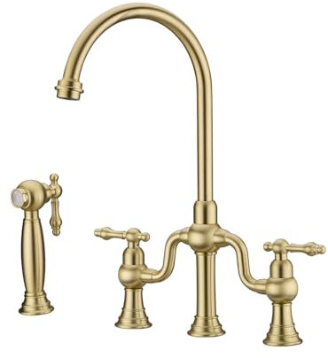 RONMX Kitchen Faucet with Side Sprayer, RKF0398 Antique Kitchen Sink Faucet, 4 Holes 2 Handle 8 Inch Centerset Kitchen Sink Mixer Taps for Kitchen Sinks, 59A Brass Kitchen Tap