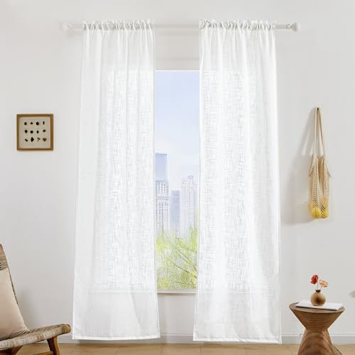 Deconovo Scheibengardinen Kurz Voile Vorhang Bistrogardine Küche Transparent Leinenoptik Gardinen Schlafzimmer Vorhänge Wohnzimmer Küchengardinen für Balkontür, 240x60cm(HöhexBreite), Weiß, 2er Set