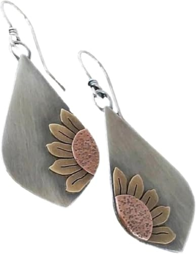 Pendientes vintage bohemios hechos a mano con forma de lágrima de girasol, joyería étnica para mujer, accesorio bohemio perfecto, One Size, Plata, Sin piedra preciosa
