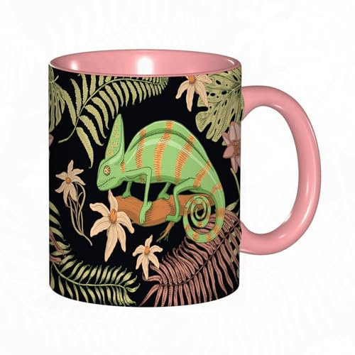 EKLMPS Becher aus Keramik, Ideal als Geschenk, Hochwertiger Aufdruck, Tasse mit Motiv, Tee Becher, Coffee Cup, 330ml,Chamäleon-Eidechse, tropische Blumen. Amerikanisches grünes Reptil oder pflanzenfre
