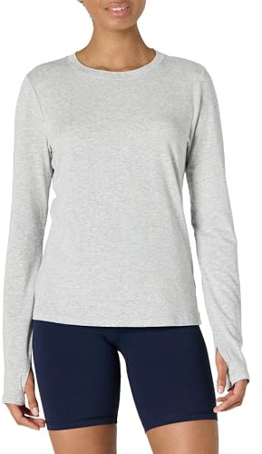 Amazon Essentials T-shirt Léger d’Entraînement et de Yoga à Manches Longues et Col Rond en Coton Doux Adapté aux Activités Physiques, Coupe Classique Femme, Gris Clair Chiné, XL