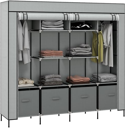 HOMCOM Fabric Wardrobe for Bedroom, Portable Cloth Wardrobe with 10 Compartments, 2 Hanging Rails and 4 Fabric Drawers, 166 x 42.5 x 169.5cm, Dark Grey
