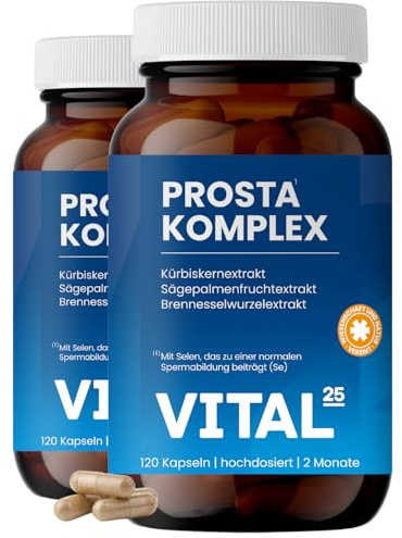 Prosta Komplex Kapseln im Braunglas - hochdosiert mit Sägepalmenextrakt, Brennnessel, Kürbiskern, OPC, Lycopin, Vitamin E, Zink, Selen - vegan - 240 Kapseln für 4 Monate von Vital25®
