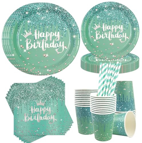 Grünem Gold Partygeschirr, 50 Stück Diamanten 23cm/18cm Pappteller Tassen Servietten Strohhalme Bling Hell Geburtstag Partygeschirr für Happy Birthday Hochzeitsparty Tischdekorationen-10 Gäste