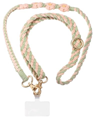 sourcing map Phone Lanyard Crossbody, 47.2 Bohemia Macrame Neck Strap Weave Adjustable Phone Lanyard Handmade Smartphone Chain Charm with 2 Pcs Tether Tab for Phone Handbag Wallet, Pink