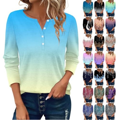 Generisch Tshirt Damen, Blusen & Tuniken Für Damen, Langarm Tshirt Rundhals Mit Knopfleiste Oberteile Sommer Elegant Lässige Langarmshirt Tunika Pullover Sportshirt Locker