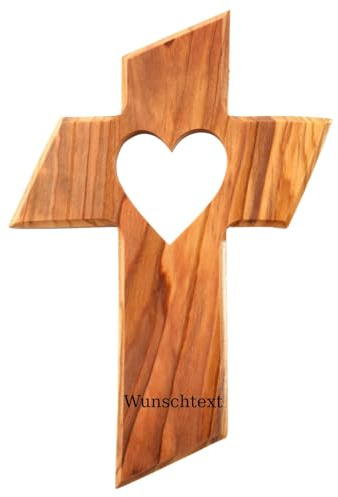 Kassis Geschenkartikel Personalisierbares Kreuz mit Herz aus Olivenholz – handgefertigtes Wandkreuz aus Bethlehem - Spirituelles Geschenk zur Taufe, Kommunion, Firmung, Konfirmation, Hochzeit