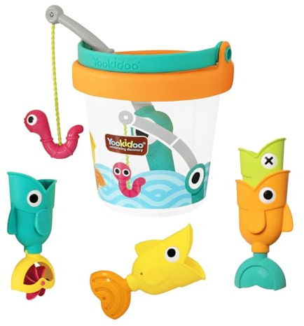 Yookidoo Jouet de Bain Pêche avec Seau, 3 Poissons et Canne, 2 à 6 Ans | Canne à ver aimanté, seau flottant qui arrose, 3 effets d'eau, rangement dans le seau, baignoire ou piscine