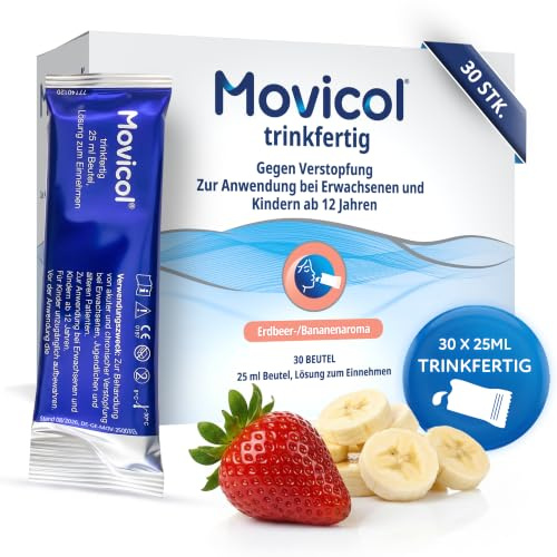 Movicol® trinkfertig, gegen Verstopfung, Erdbeer-Banane, 30x25 ml Beutel | Kein Anrühren notwendig, ideal für unterwegs, angenehm im Geschmack, nutzt den Effekt von Wasser zum Hydratisieren