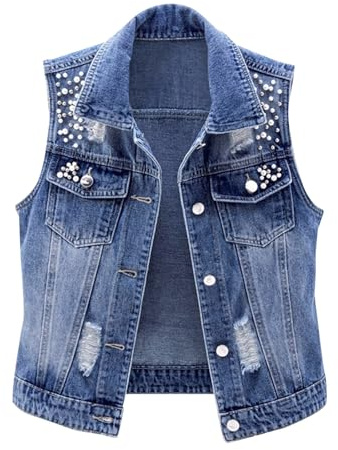 HUIFUAO Veste en jean sans manches pour femme, grande taille, gilet en jean boutonné à revers avec poche, gilet vintage vieilli, S