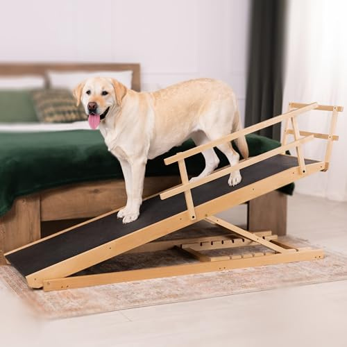 Hundramp för Säng med Säkerhetsräcke – För stora hundar upp till 90 kg – Höjdjusterbar hundtrappa för sängar upp till 94,5 cm – Bredd 49,5 cm – Hopfällbar – Halkskyddshandtag – Björkträ - Natur