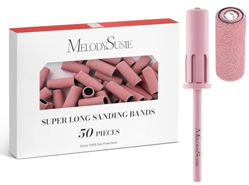 MelodySusie 50 Stück Extralange Schleifhülsen für Nagelfräser mit 6,65-mm-Kristall-Mandrel – 180 Feinkorn-Schleifbänder für Acrylnägel/Gel-Maniküre/Pediküre