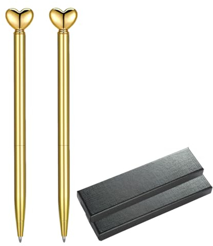 BEPSYOM 2 Stück Herzförmige Kugelschreiber Einziehbare Metall-Dekorationsstifte Schwarze Tinte Niedliche Stifte Geschenke Für Frauen Schule Büro Hochzeit Brautparty Babyparty (Gold) Mit Stiftetui