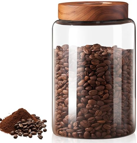 BAIFULAI Vakuum Luftdicht Kaffeedose aus Glas: 1800ml Auslaufsichere Kaffeebohnen Behälter, Kaffeedose mit Einwegventil und Deckel für Kaffee und Mehr Lebensmittel Frische und Aufbewahrung