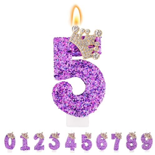 TESGADGETS Bougies d'anniversaire Violettes, Bougies d'anniversaire avec Couronne combinable et Chiffre 5 pour gâteau, Bougie Scintillante avec Le Chiffre 5 pour célébrations Anniversaires