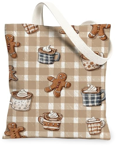 Sacs fourre-tout en toile de pain d'épices, design confortable, sacs d'épicerie réutilisables, vintage, légers, lavables avec bandoulière, marron, 13x15 Inch
