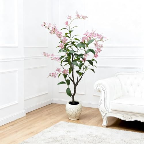 Kunstpflanze Jasminbaum 120 cm, Kunstbaum mit Realistischen Blättern & Rosa Blumen im Weißem Topf, Topfbaum Pflanze Kunstbaum Jasminbaum Zimmerpflanze für Hochzeit, Party, Garten, BüRo Dekoration