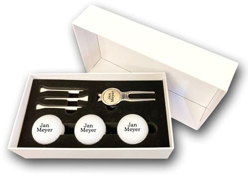 Lasernauten Golfball Set mit Wunschgravur personalisiert 3 Wilson Golfbälle Pitchgabel und 3 Tees in Geschenkbox weiß Dein Text Geschenk Golfer/in (Wilson Ultra Bälle)