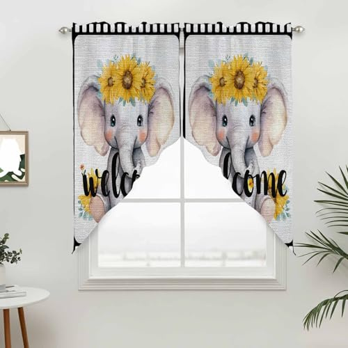 Chucoco Swag Curtain for Kitchen, Welcome Words Animals Elephants Swag Valance Rod Pocket Curtains Tier Pair, Flowers Films Boundaries Light Filtering Window Valances for Bedroom Bathroom Living Room