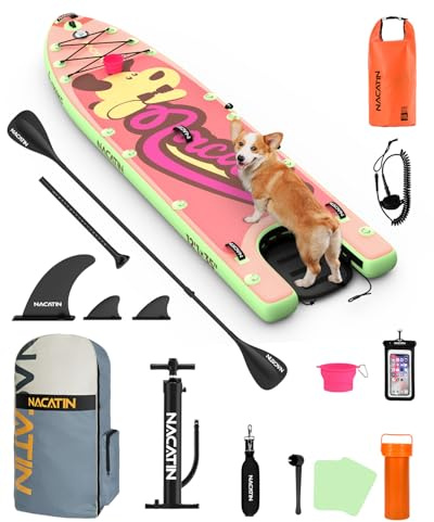NACATIN 366cm (12ft) aufblasbares SUP Board mit Hunderampe, breites 91cm (36in) Stand Up Paddling Board mit rutschfestem Deck für Hunde & Familie, mit Einzel-/Doppelpaddel, Pumpe, Rucksack