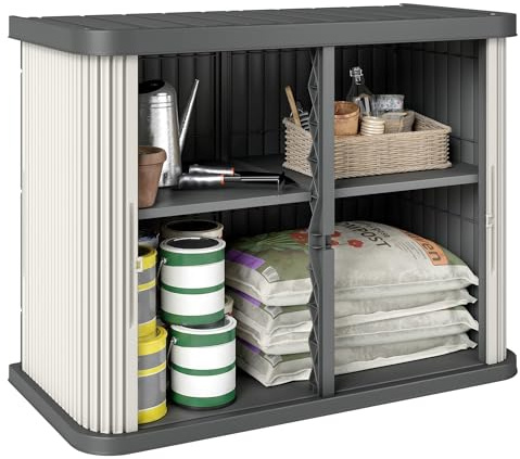 Outsunny Coffre de Rangement Extérieur 480 L, 2 Niveaux avec Portes Coulissantes, Boîte de Jardin Résistant aux UV, pour Jardin Terrasse, 120,5x59,5x92cm, Marron Clair
