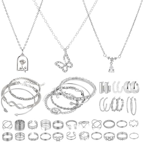 HTTDSLF 44 Pcs Parure Bijoux Femme, Ensemble de Bijoux pour Femme, Bracelet Femmes, Bagues, Collier Femmes, Lot de Bracelet Réglable argent pour Femme Fille Cadeau Bijoux