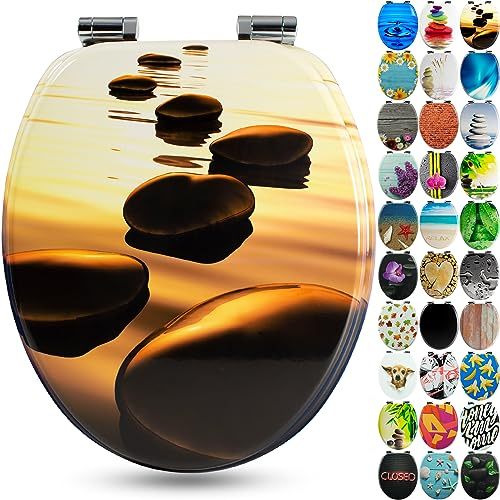 SANFINO® Premium WC Sitz mit Absenkautomatik – hochwertige Toilettendeckel aus Holz, viele bunte Motive, hoher Sitzkomfort, einfache Montage inklusive Montageanleitung – Sand Stone