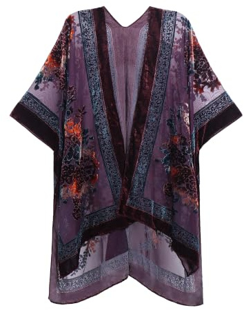 WeHello Women's Burnout Velvet Kimono Long Cardigan Cover Up Casual Outfit (Burgandy Flower)