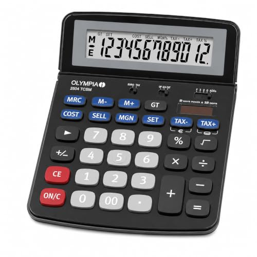 OLYMPIA 2504 TCSM Tischrechner 12-stellig – Finanzrechner mit Solar & Batterie, Tax, Cost Sell Margin, Euro-Umrechnung, Großes Display, Büro Rechner Schwarz Blau Grau