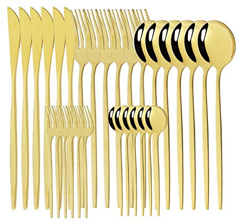 Geschirr Set 18/10 Edelstahl 30 stücke Grün Gold Besteck Set Geschirrmesser Salat Gabel Löffel Besteck Set Spülmaschine Safe essgeschirr (Color : Gold)