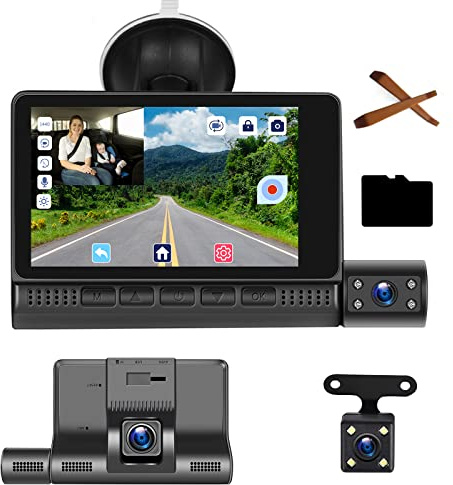 Hodozzy Dashcam bil FHD bilkamera 4 tum full HD 1080P pekskärm, 3 kamera loopinspelning, WDR Super mörkerseende G-sensor parkeringsmonitor, rörelsedetektering, instrumentkamera med 32 G SD-kort,