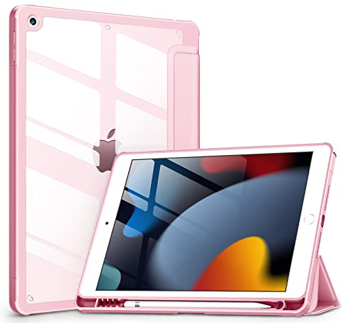 DTTOCASE - Custodia per iPad di 9a/8a/7a generazione da 10,2 (2021/2020/2019), retro trasparente, cover antiurto in TPU [supporto per matita integrato, supporto auto sleep/wake] per iPad 10.2, rosa