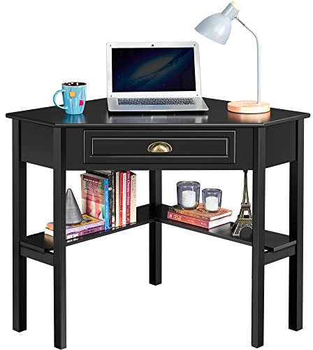 Yaheetech Schreibtisch Ecktisch Platzsparender Computertisch mit Schublade und Regalen Eckschreibtisch für Kleiner Raum, 106 × 71,5 × 77 cm Schwarz