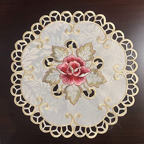 Wambere 4 Stück Blumenstickerei Tisch Tischset,Durchbrochener Stoff Untersetzer Runden Blumen-Form Matte Tischset Platzsets Deckchen Cup Coasters für Esszimmer Küche Bankett Hochzeit Deko 30cm,Gold
