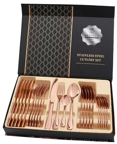 24Pièces Ménagère Couverts de Table, 38.9×25.8×5.2cm Set de Couverts en Acier Inoxydable, Couteau à Steak, Fourchette, Cuillère, pour Maison, Cuisine, Restaurant et Mariage Fête(Or rose)