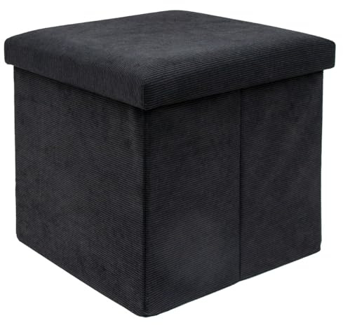 INTIRILIFE Faltbarer Sitzhocker 38 x 38 x 38 cm in SCHWARZ - Sitzwürfel mit Stauraum und Deckel aus Stoff in Cord Optik - Sitzcube Fußablage Aufbewahrungsbox Truhe Sitzbank