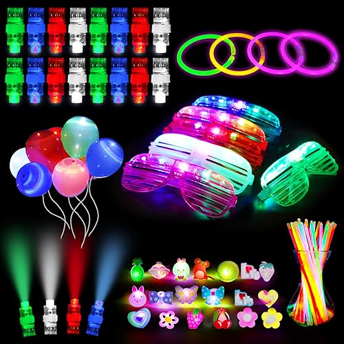 Ainiv 92 Stück Knicklichter Party Set, mit Ballons, Neon Brille, LED Blinkende Ringe, Glow Sticks für Neon Party Deko, Hochzeit, Kindergeburtstag, Halloween, Weihnachtsdeko, Silvester, Feuerwerk