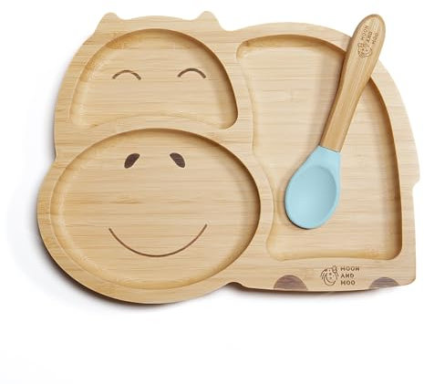 Moon and Moo Nilpferd Bambus-Saugnapfteller für Kinder und Kleinkinder – ungiftiges, plastikfreies Baby-Entwöhnungsset