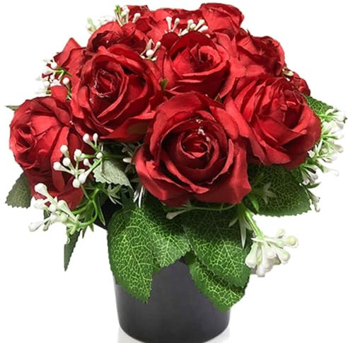 Etomvoop Fiori artificiali in vaso, 12 rose artificiali per funerale, decorazione natalizia per cimitero commemorativo