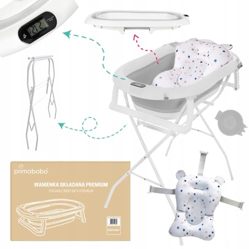 Primabobo Faltbar Babybadewanne, Große Babywanne faltbar, Kinderbadewanne mit Badesitz, für Babys von 0-36 Monaten (Premium Grau (Gestell, Badekissen, Thermometer), Faltbare Babybadewanne)