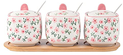 Boîtes à thé, café et sucre, sucrier en céramique avec couvercle et cuillère, boîte d'assaisonnement for bol à sel de ferme, boîte à épices en céramique avec cuillère et base rose 1 (couleur : rose 1)