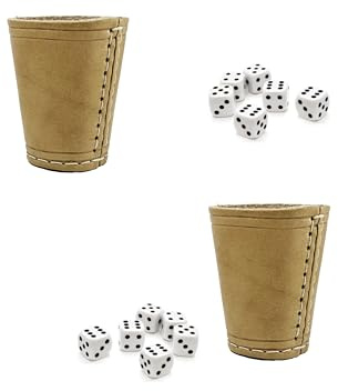 Dice Cup with 6 Dice in Set of 2 - Classic Handmade Leather Cup 9 cm - Leather Dice Cup with 6 Dice (Natural, 2)