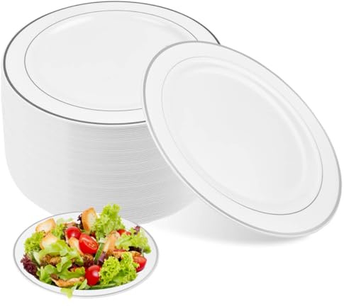 Plastic Plates with Silver Rim, 26cm / 10 inch Silver Party Plates,40Pcs